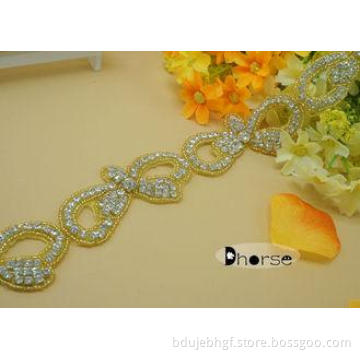 Light Gold Base Bow Shape Crystal Rhinestone Trimming For D